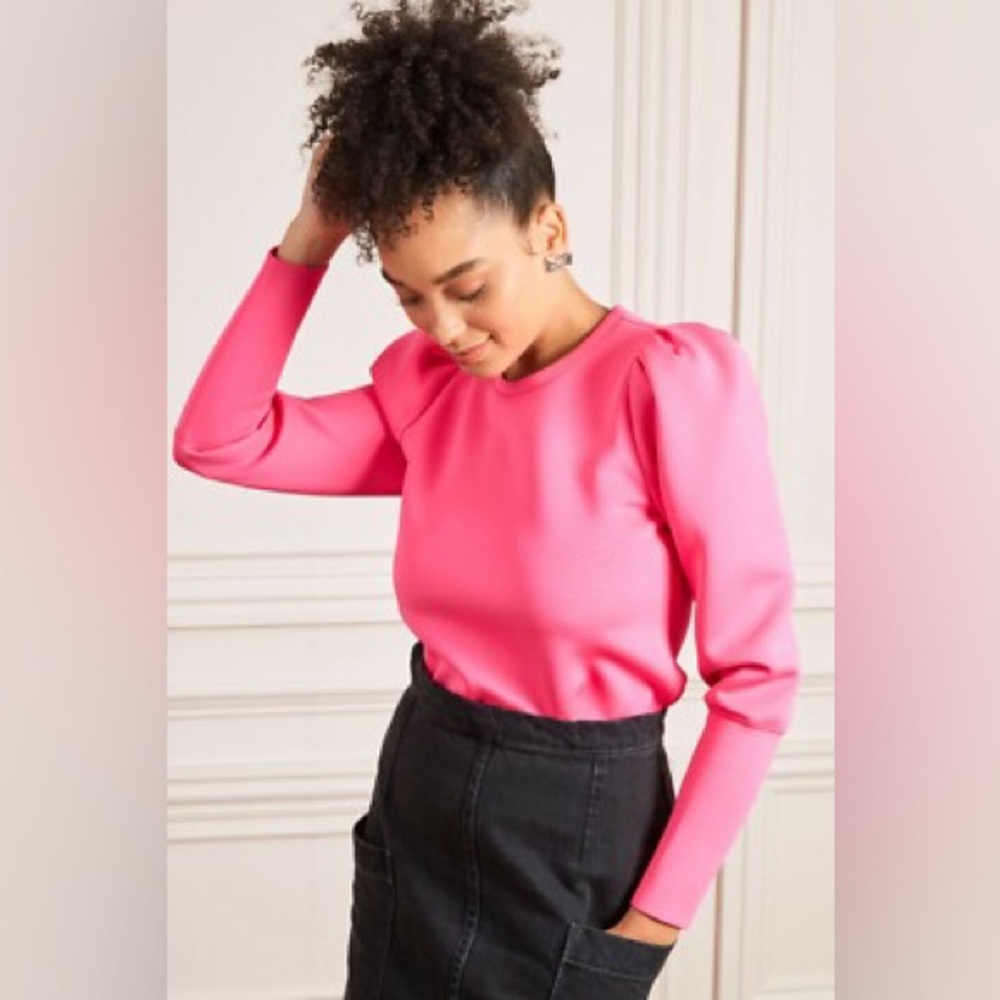 Stella & Dot Hot Pink Puff Sleeve Neoprene Sweatshirt – Size M